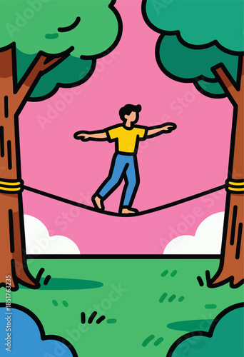 A person balances on a slackline between two trees with a pink sky