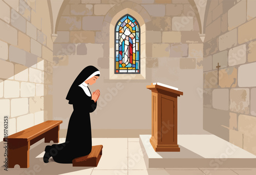 Nun kneeling in prayer before a stained glass window in a stone church