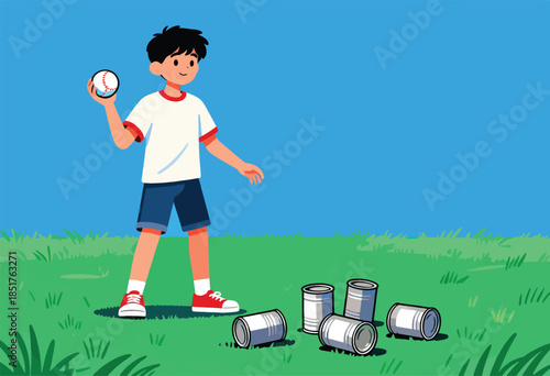 Young boy prepares to throw baseball at tin cans in a grassy field
