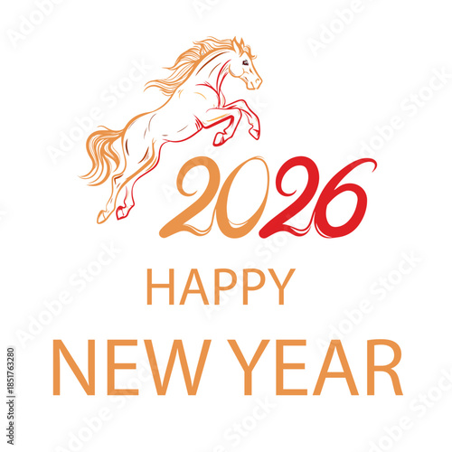 New Year's Vision: The image is a vector illustration designed to express joy and anticipation. A dynamic horse silhouette leaps above a vibrant '2026' numeral.