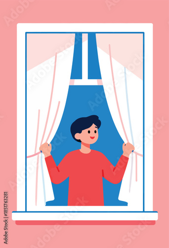 A cheerful person opens curtains to look out a window