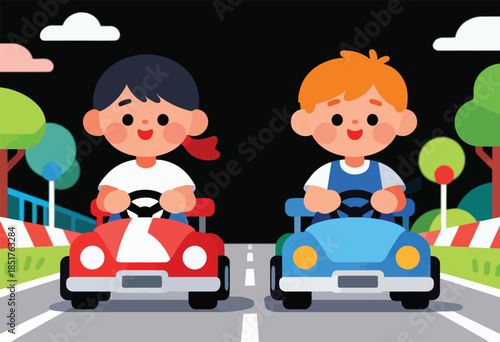 Two children smiling in cartoon cars on a race track with trees and clouds