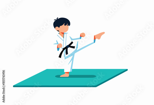 Young martial artist in white uniform executing a high kick on a mat