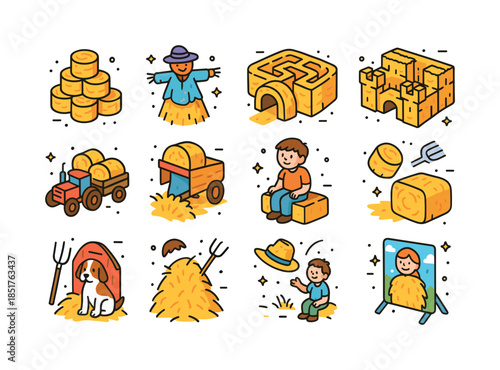 Haystack Activities Icons. Haystack Fun. Colorful isometric vect
