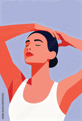 Woman with eyes closed, hands behind head, against a pale blue backdrop