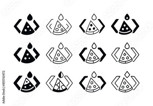 Sweat, Code, Pizza. sweat + code + pizza. Icon set. Set Logo of