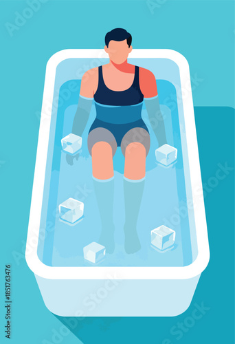 Person in swimsuit sits in icy water bath
