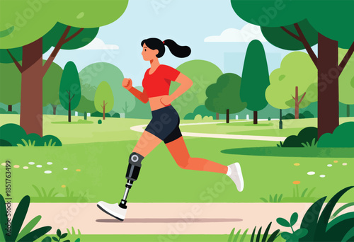 Athletic woman with prosthetic leg running on park path surrounded by trees
