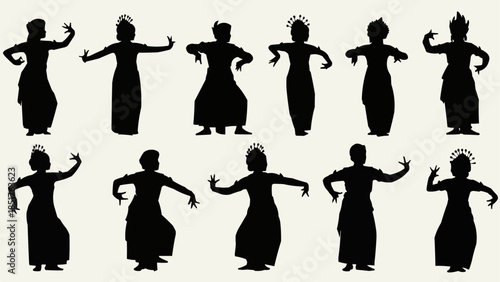 Silhouettes of Indian classical dancers in various poses.