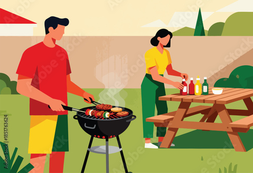 Two people enjoying a backyard barbecue with grilled food and drinks