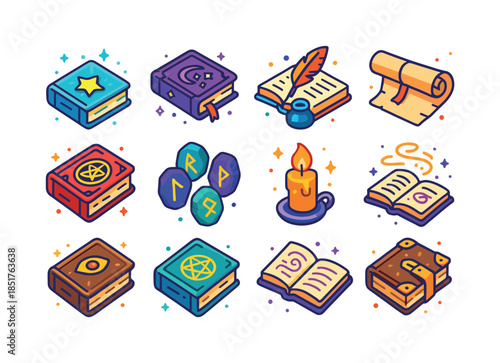 Mystic Tome Icons. Mystic Tomes. Colorful isometric vector icons