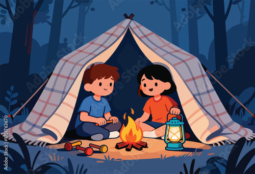 Two children enjoying a campfire inside a tent at night