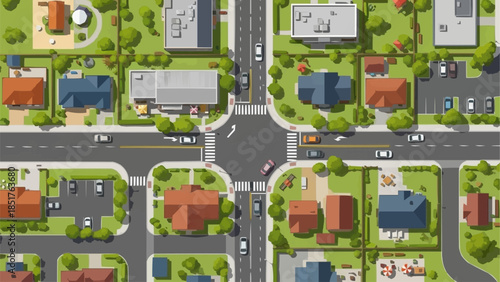 Aerial view of a suburban neighborhood intersection with houses and roads.
