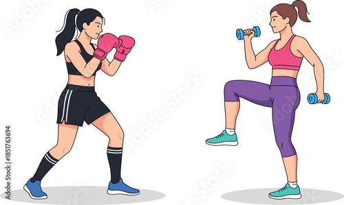 Female Athlete Illustrations Featuring Boxing Guard and Dumbbell Weight Training for Women's Fitness Gym Branding and Workout Motivation.