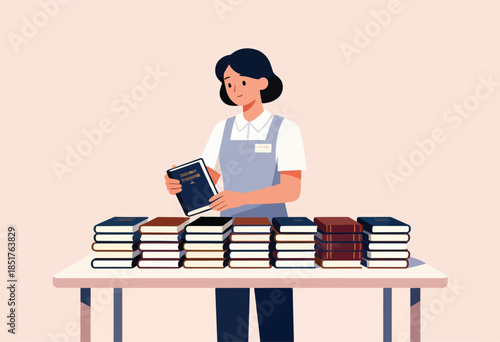 A person with an apron carefully holds a book over stacks of books on a table