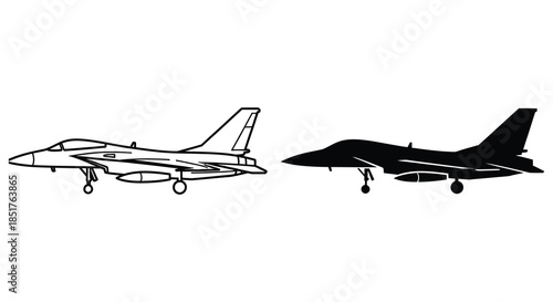 Detailed jet aircraft illustration with a contrasting black silhouette depiction