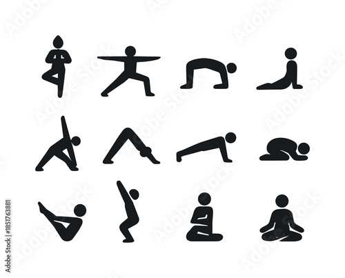 Yoga Poses Icons. Yoga poses. Solid icon set of yoga poses: tree