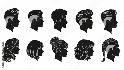 Collection of Diverse Hairstyles Silhouettes for Men and Women.