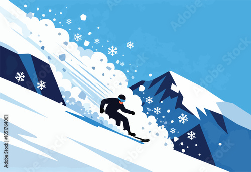 A skier races down a snowy mountain, spraying snow amidst snowflakes