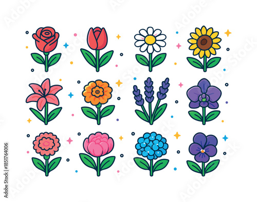 Colorful Flower Icons. Flower gardening. Colorful isometric vect