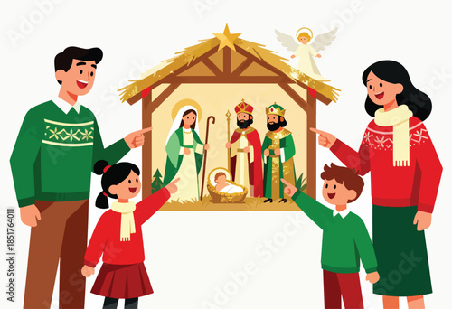 Family pointing at nativity scene with angel