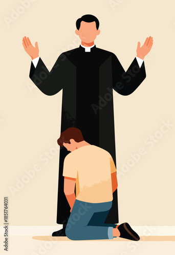 Clergyman blesses supplicant kneeling on floor