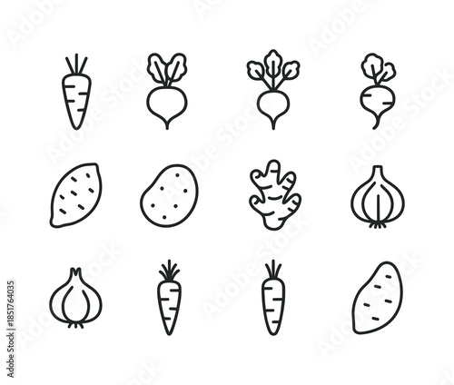 Root Vegetable Icons. Root Vegetables. Line icon set of Root Veg