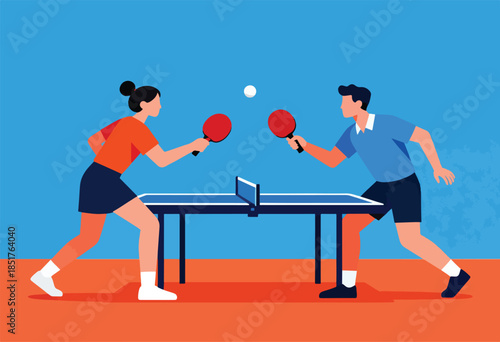 Diverse pair of athletes in active poses playing table tennis on a bright blue background