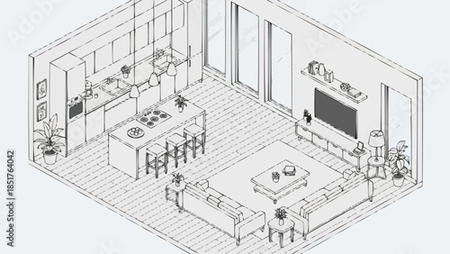 Modern Isometric Open Plan Living Room and Kitchen Sketch.