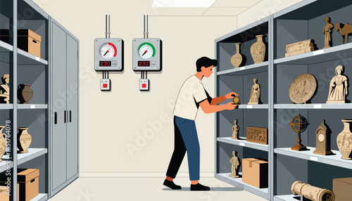 Curator arranges artifacts in storage, monitored by gauges