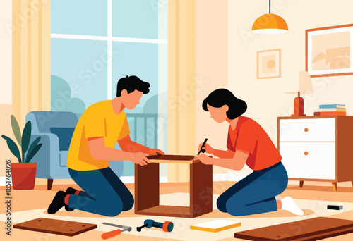 Two people assembling furniture indoors, focused on the task
