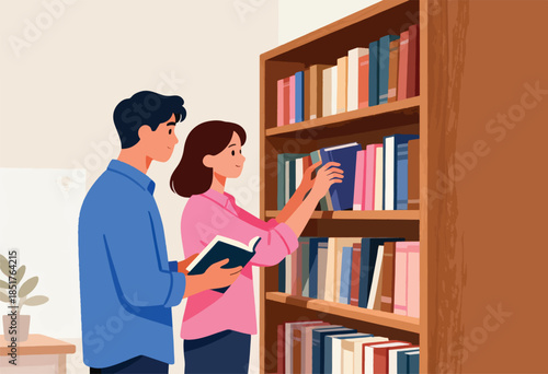 Couple selecting books from a wooden bookshelf in a cozy room