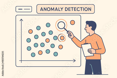 Anomaly Detection Illustration Man Analyzing Data Points on a Graph.