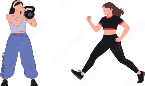 Female Fitness Character Illustrations Featuring Kettlebell Strength Training and Running for Gym and Active Lifestyle Branding.