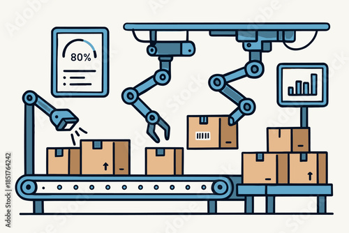 Automated Production Line with Robotic Arms and Conveyor Belt.