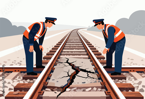 Two workers inspect a severely cracked railway track ahead