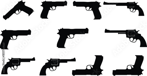Black handgun silhouettes set isolated on white background, pistols and revolvers collection, firearm icons illustration for security, law enforcement design