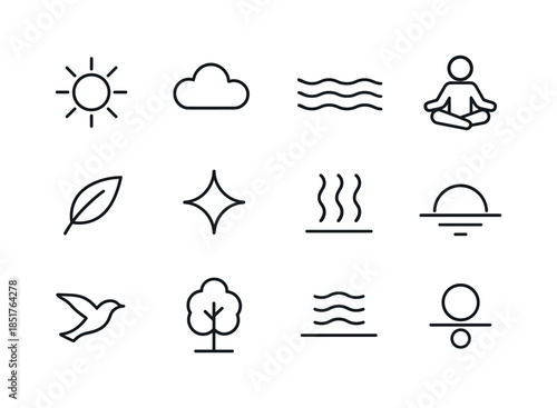 Dawn Icon Set. Peaceful dawn. Line icon set of peaceful dawn: so