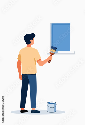 Person painting a wall with blue paint