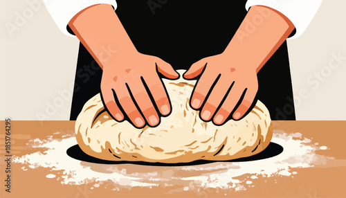 Hands kneading dough on a floured surface, a culinary process