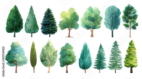 A Vibrant Collection of Hand-Drawn Trees Showcasing Various Shapes and Styles, Perfect for Illustrations, Designs, and Nature-Inspired Themes, png, isolated on transparent background