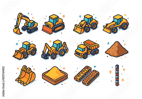 Earthmoving Equipment Icons. Earthmoving. Colorful isometric vec