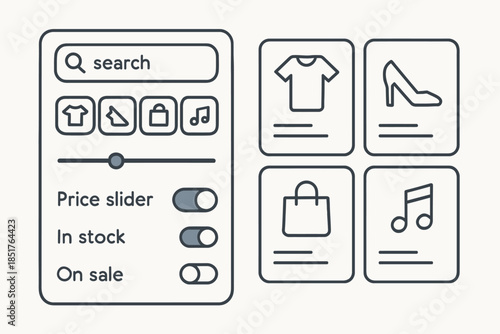 Ecommerce app interface with search filters and product categories.