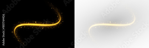 Magic golden swirl and curved wave with glowing particles, bright spark, and golden flare.
