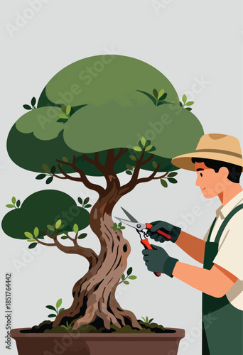 Person in hat and gloves trims a potted tree with shears