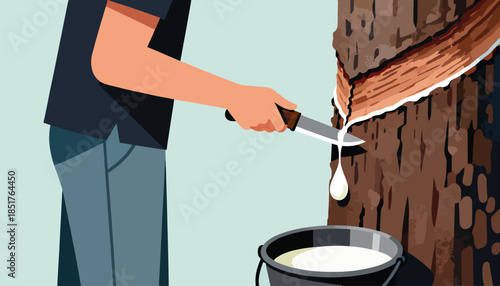 A person harvests sap from a tree into a bucket