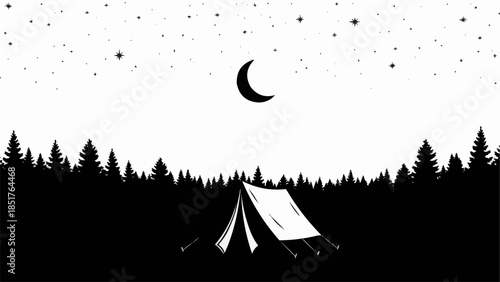 Minimalist Tent Under Crescent Moon and Stars.