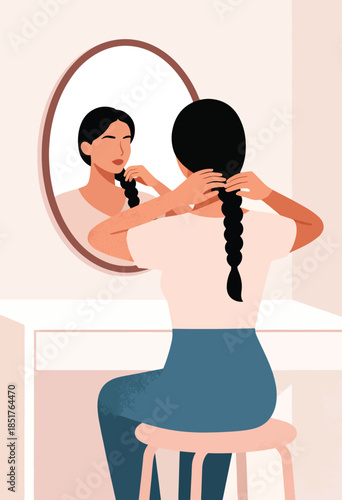 Woman braiding her hair while looking in a mirror