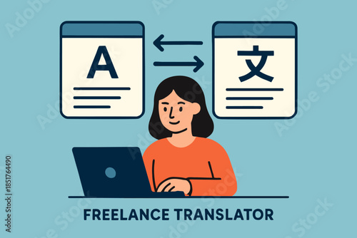Freelance Translator Working on Laptop with Language Translation Symbols.