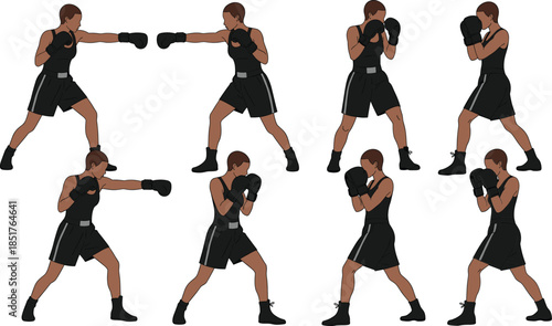 Set of Eight Female Boxer Silhouettes Practicing Punching and Defense Poses for Fitness Gym and Combat Sports Branding.